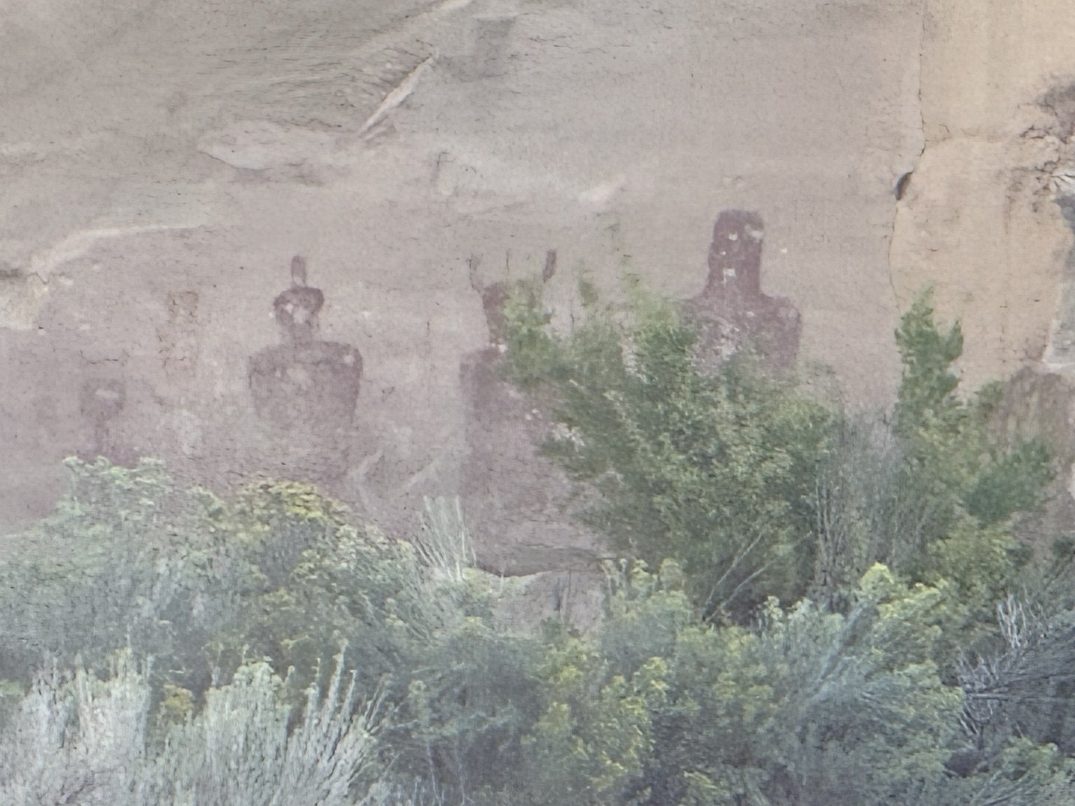 Distant red anthropomorphic figures among vegetation